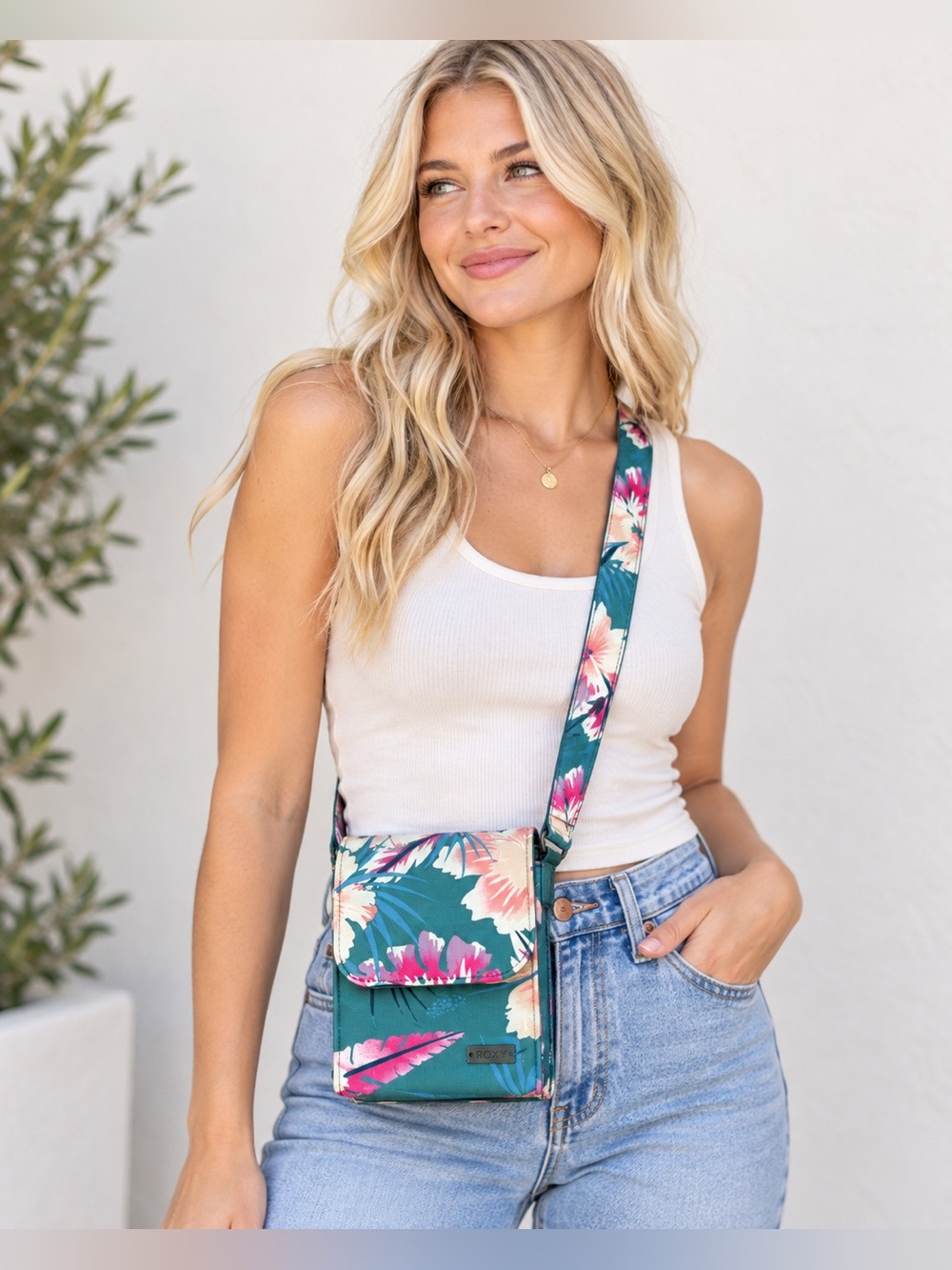 Roxy Tropical Floral Crossbody Bag - Green, Pink, Coral